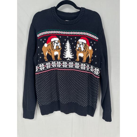Vintage Christmas Sweater Mens Large Black Bulldog Dogs Cotton Pullover Knit - Picture 1 of 5